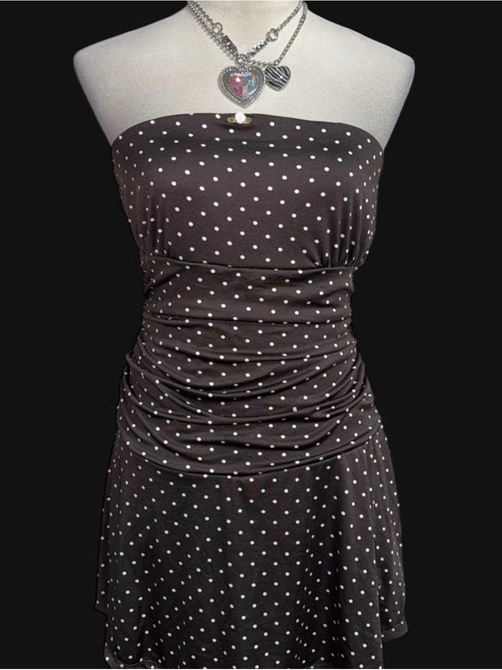 Polka Dot Strapless Ruched Black Dress